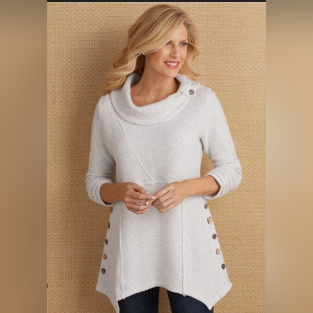 Soft Surroundings Grey Breakwater Cowl Neck Tight Knit Sweater Tunic - Size L